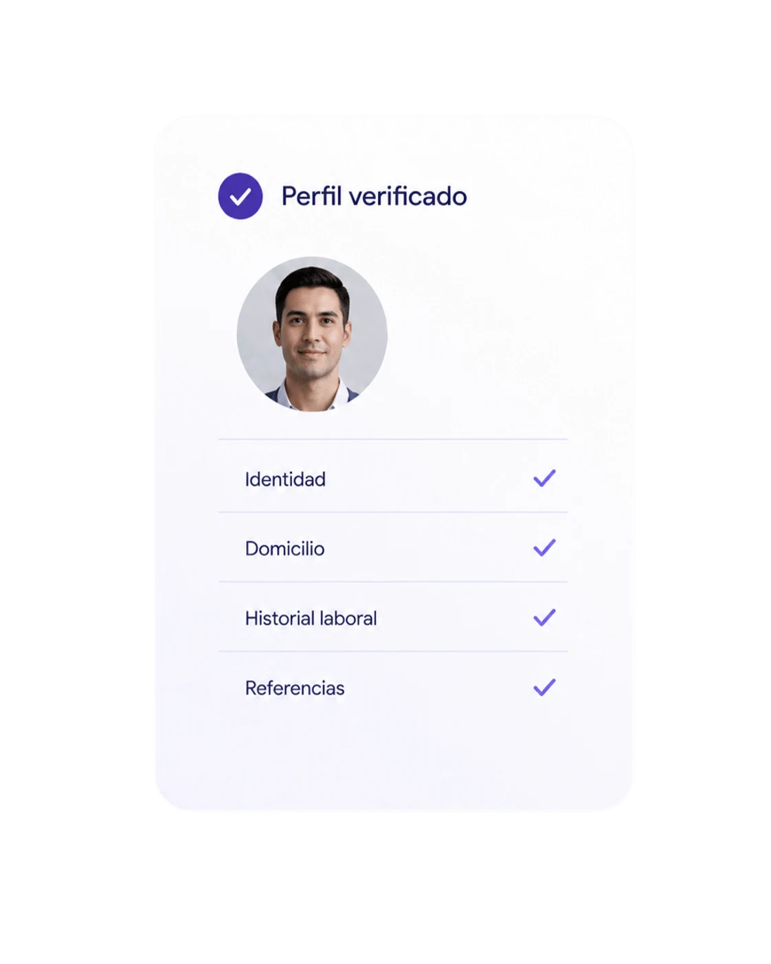 Perfil verificado con identidad, domicilio, historial laboral y referencias